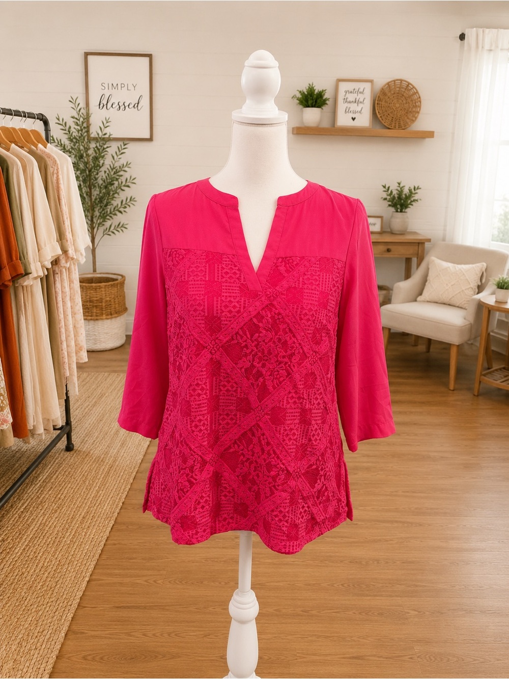 Investments Petites PS Pink Lace Panel Split Neck Blouse 3/4 Sleeve
